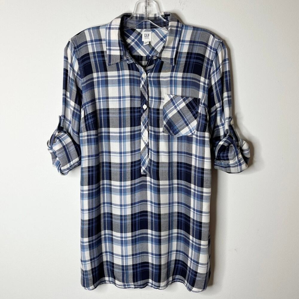 Gap Maternity Womens 1/2 Button Pullover Shirt XS Blue Plaid Lightweight Flannel - Picture 3 of 9